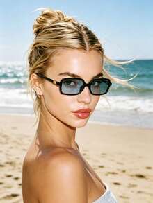 1 Pair Small Rectangular Frame Fashion Glasses, Suitable For Vacation, Travel, Sports, Driving, Festivals, Beach, Music Festivals, Outings, Summer Accessories, Holidays, Family Trips, Elegant Outfits, Street Style Accessories, Sports, Parties, Outdoor Activities, Street Looks, Fishing, Summer Beach Vacations, Outdoor, Travel, Back To School Season Collegiate Style. Rectangular Frame - Black Frame Blue Film - View 5