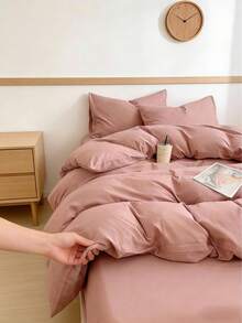 Nordic Light Luxury Solid Color All Season Duvet Cover Set Silky Skin Friendly Bedding, No Pilling Washable Bed Linens For Dorm Homestay Valentine New Year Gift. - Pink - View 2