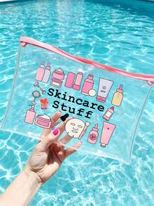 "Skincare Stuff" 字母印花 PVC 化妝包，PVC 旅行收納包附拉鍊，輕量耐褪色女款女孩化妝盥洗包，TSA 認證便攜式化妝盒，易清潔設計化妝包，適合送給母親、老師、朋友、護士、女性朋友的禮物，旅行必備，學校假期，返校用品，盥洗包，防水化妝包 - 彩色 - 查看 2
