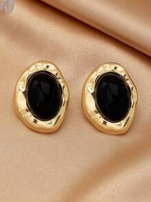 1 Pair European And American Fashion Elegant New Classic Black Oval Inlaid Asymmetrical Shape Earrings, Versatile And - Multicolor - View 5