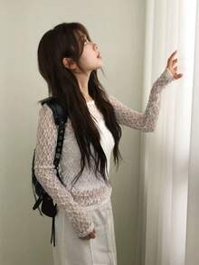 Japanese Style Colorful Lace Hollow Out Elastic Knit Long Sleeve T-Shirt Undershirt, Spring White - White - View 3