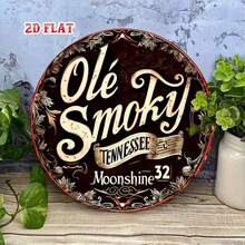 2D平面 - 复古2D平面金属招牌,展示Ole Smoky Tennessee Moonshine,圆形海报,适合复古餐厅装饰,也适合客厅或卧室,尺寸为7.8 x 7.8英寸 - A - 查看 3