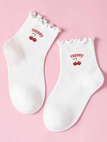 1/5/10 Girls' Ruffled Cherry Letter Mid-Calf Breathable White Sweet Student Everyday Versatile Children's Socks - Multicolor - View 9