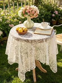 1 cái khăn trải bàn organza thêu ren hoa, thiết kế viền sóng kiểu Pháp, khăn phủ bàn phong cách vintage đồng quê lãng mạn, phù hợp cho đám cưới, nhà hàng và trang trí nhà cửa - Màu be - Xem 2