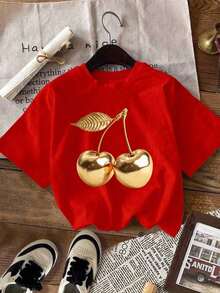 Women's Cherry Print Short Sleeve T-Shirt, Ideal For Holidays, Spring And Resort Wear - Vintage Street Style Unisex Cotton Short Sleeve Crew Neck T-Shirt - 紅色的 - 查看 3