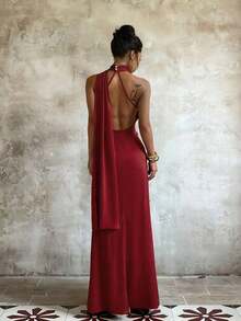 Elegant One-Piece Knit Dress In A Solid Color With An Open Back. Perfect For Parties, Weddings, And Summer Date Nights. - Ivory White - View 4