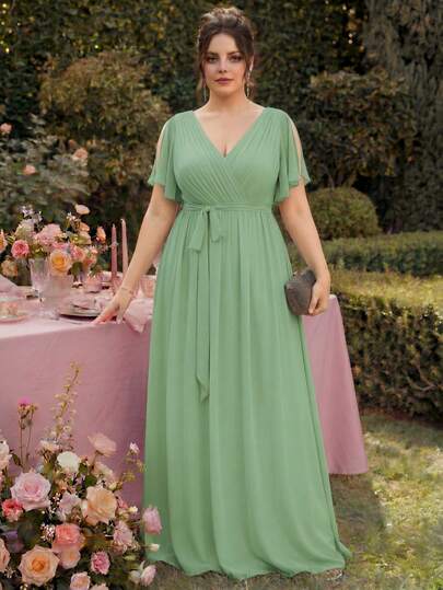 EVERPRETTY Plus Size Summer Elegant V-Neck Ruffle Sleeve Green Bridesmaid Formal Dress Suitable For Wedding Guests Brides' Mothers Vacation Party