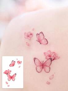 1pc Delicate Pink Butterfly Cherry Blossom Petals Floral Aesthetic Temporary Tattoo, A Temporary Tattoo With Realistic Tattoo Design Resembling A Butterfly And Cherry Blossom Petals, Suitable For Travel, Music Festivals, Games, Graduation Gifts, And Lasting For 3-5 Days. - Multicolor - View 1