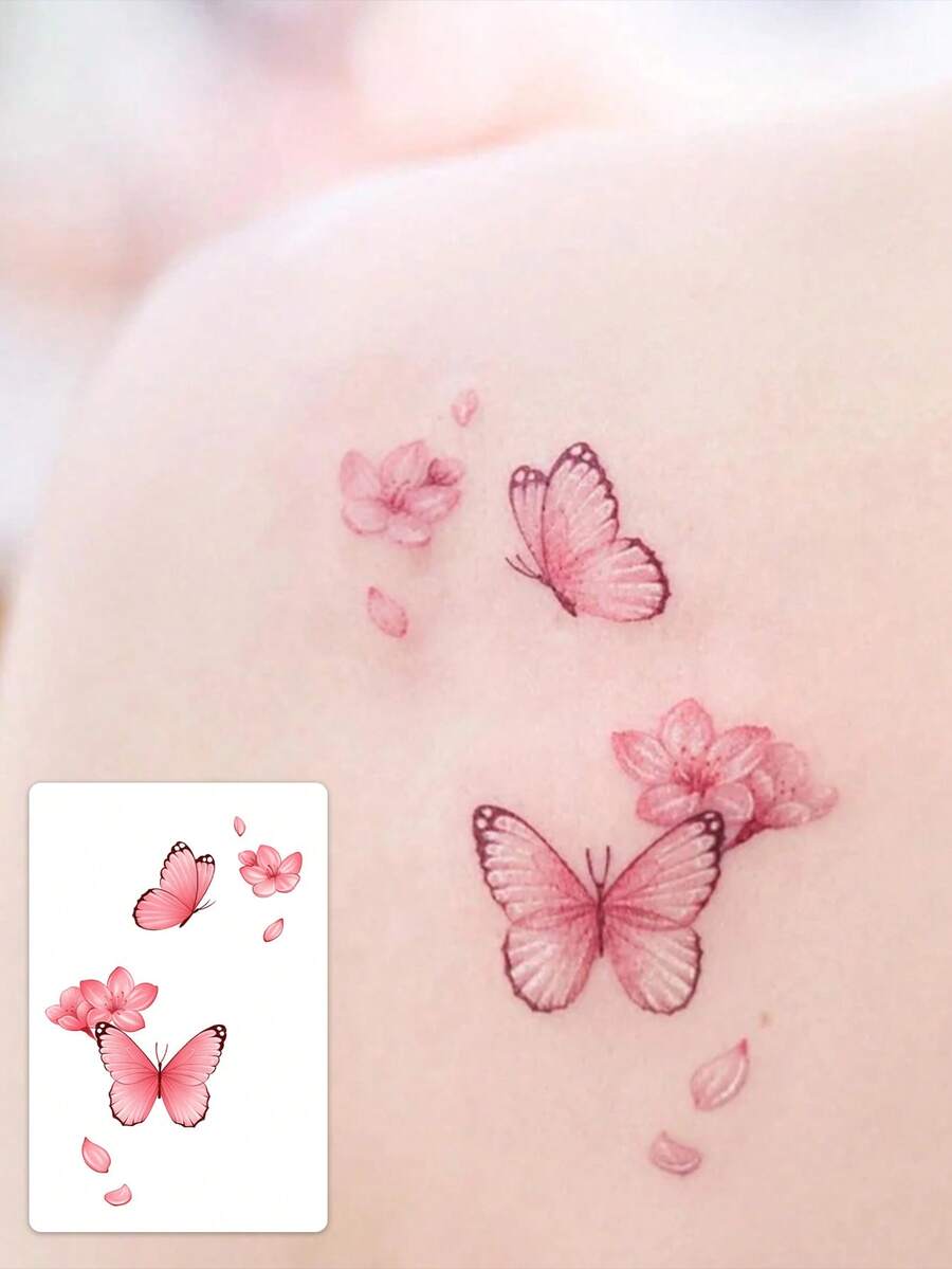 1pc Delicate Pink Butterfly Cherry Blossom Petals Floral Aesthetic Temporary Tattoo, A Temporary Tattoo With Realistic Tattoo Design Resembling A Butterfly And Cherry Blossom Petals, Suitable For Travel, Music Festivals, Games, Graduation Gifts, And Lasting For 3-5 Days. - Multicolor - View 1