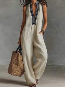 Women's Jumpsuit, Sleeveless V-Neck, Elegant, Casual 1-Piece Pants Jumpsuit 2026 Summer Set - 天藍色 - 查看 7