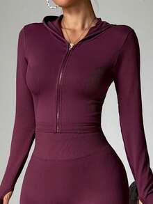Damen Fitness-Yoga-Jacke in Burgunderrot mit Daumenlöchern, Slim Fit, Bauchkontrolle, Sommerstil - Bordeaux - Übersicht 8