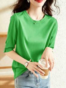 Atasan Kasual Lengan Sedang dengan Desain Kancing, Model Baru Fashion Musim Panas, Kaos Lengan 3/4 Leher Bulat Serbaguna untuk Wanita, Melangsingkan - Cadet Blue - View 2