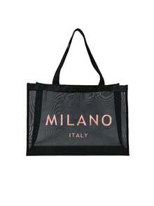 大容量網格肩背包附化妝包功能，飾有玫瑰金「Milano」標誌。這是一款便攜式海灘度假大容量托特包、網格海灘包、便攜式透明網格化妝包和收納包。它是適合男士、女士、情侶日常使用、約會、生日和其他場合的理想購物袋。 - 彩色 - 查看 14