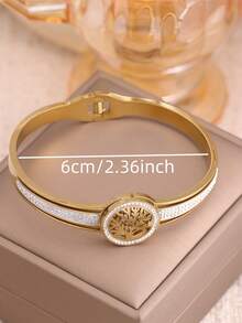 1pc Vintage Tree Pattern Gold-Tone Stainless Steel Bracelet With Rhinestones For Women - Yellow Gold - View 3
