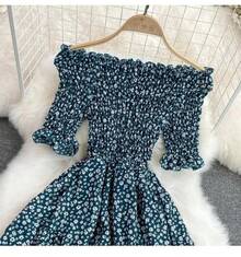 Vestido de Gasa con Estampado Floral para Vacaciones en la Playa, de un Hombro, Cintura Alta, Falda Línea A, Vestido Mid... - Azul Marino - Ver 3