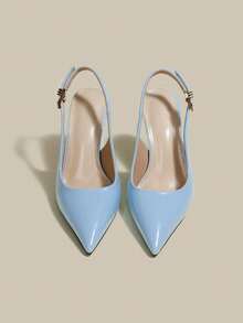 ManLuZi 女款藍色PU尖頭小貓跟單鞋，優雅正式禮服鞋，帶扣環封口，包頭派對高跟鞋附腳踝綁帶 - 淺藍色 - 查看 5