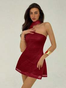 Vestido mini de moda de unicolor sin mangas para mujer - Burdeos - Ver 4