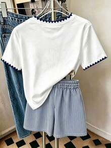Conjunto de 2 piezas para mujer, top holgado de manga corta, shorts holgados cómodos, patrón de rayas azul marino, patrón de cóctel, superventas de verano - Multicolor 2 - Ver 3