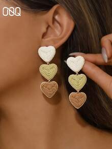 OOQ 1 Pasang Anting-Anting Rafia Rumbai Berbentuk Hati 3D Geometris, Perhiasan Minimalis Chic untuk Liburan Musim Panas, Hadiah Hari Valentine untuknya (Anyaman Rafia Buatan Tangan, Bentuk & Arah Acak) - Khaki - View 1