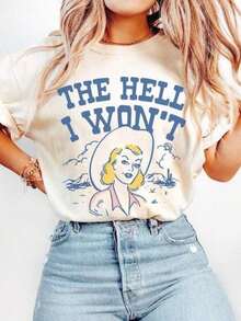 1 pieza Camiseta Unisex "The Hell I Won't", Camiseta de Vaquera del Rodeo del Suroeste, Camiseta Vintage del Desierto Occidental, Regalo, Camiseta Gráfica para Mujer, 180g 100% Algodón - Blanco - Ver 8