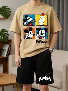 Disney 2pcs Mickey Mouse Print Men's Casual Homewear Set, Round Neck Top And Shorts, Suitable For Spring/Summer - Apricot - View 3