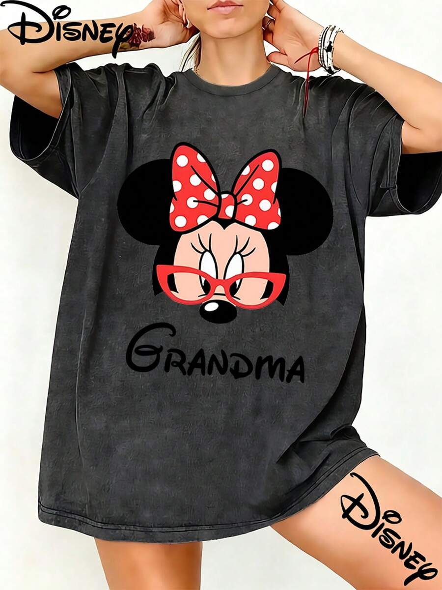 Disney Minnie Mouse Grandma Funny Graphic Washed Unisex TShirt, 100% Cotton Oversized Vintage Short Sleeve Tee, Sweet Family Grandma Themed Casual Top - Black - View 1