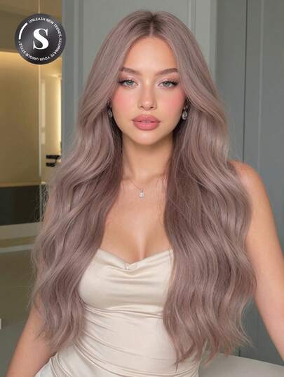 28 Inch Synthetic Long Wavy Wig In Light Pink Brown Color, Suitable For Women's Daily Wear, Office, School, Dates, Birthdays, Halloween, Christmas, Thanksgiving, Music Festivals, Y2K Aesthetics And More. Natural-Looking, Comfortable Fit, No Glue Needed, Easy To Wear