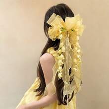 1pc AYLHFO Spring/Summer New Bridal Artificial Flower Mesh Long Ribbon Bow Hair Clip, Women's Fashion Bohemian Style Exaggerated Large Long Ribbon Tulip Bow Hair Clip, Bridal Wedding Hair Accessory, Suitable For Daily And Wedding Party Wear - màu xanh da trời - Xem 9