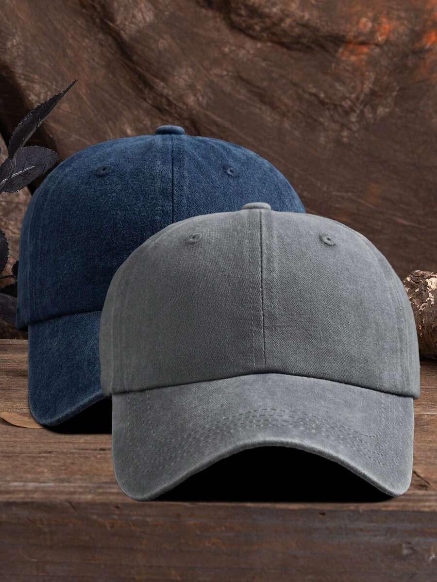 2pcs Unisex Solid Color Adjustable Washed Baseball Cap, Casual Outdoor Fashion - Navy Blue + Gray - View 1
