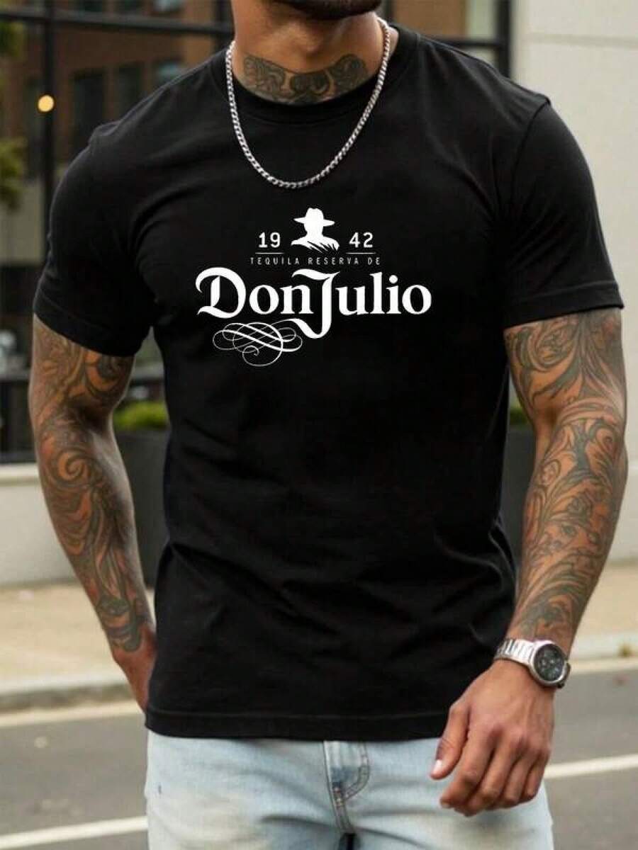 Elegant Party Dresses (Only Available For The Short-Sleeved Shirt Shown In The Image) Unisex 100% Cotton Short-Sleeved Crew Neck T-Shirt, Inspired By The "Don Julio Tequila" Brand - Basic Summer T-Shirts, Men's Tops. Simple Letter Print Short-Sleeved T-Shirt For Students, One Black And White Short-Sleeved Top - 黑色 - 查看 1