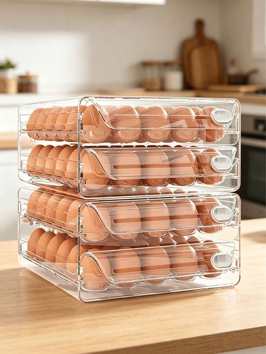 1pc 30/60egg Adjustable Refrigerator Egg Storage Box, Drawer Organizer, Space-Saving Refrigerator Storage Box, Easy To Install, Durable Plastic Structure, Refrigerator Egg Storage Box, Large Egg Stand, Stackable Egg Storage Box. - Clear - View 1
