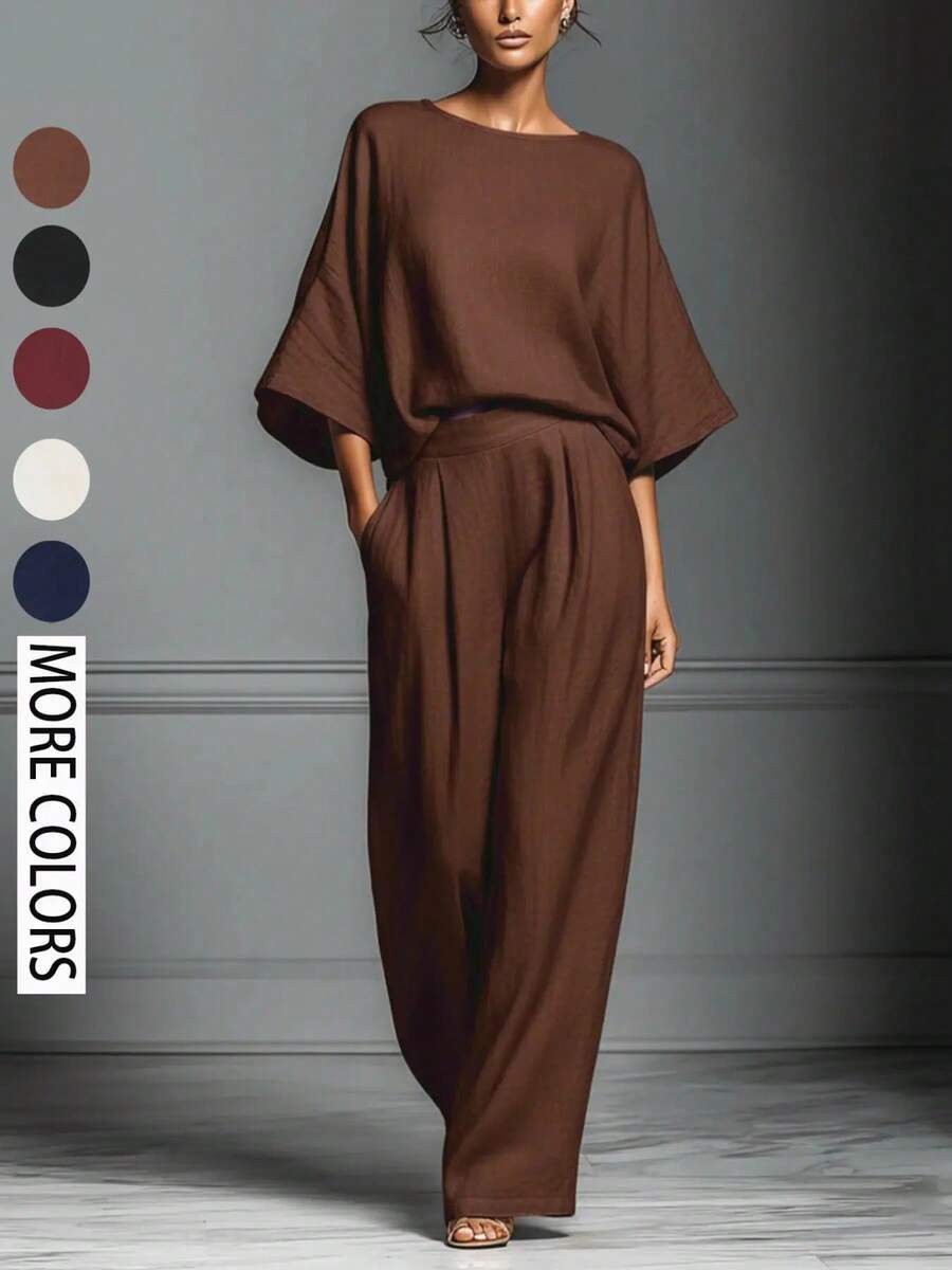 Women's Elegant Bell Sleeve Linen Set, Summer 2026, Casual And Elegant Style, European And American Style, Comfortable And Chic - 棕色 - 查看 1