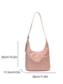 1pc Women's Contrast Plaid PU Shoulder Crossbody Bag, Large Capacity Crescent Shaped Handbag, Suitable For Commuting, Shopping, Gift - Pink - View 3