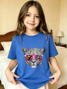 Cheetah With Sunglasses Pattern T-Shirt For Girls - Blue - View 7