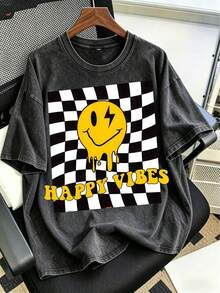 Black Vintage Washed Smi Ley Face T-Shirt | Pink Checkered Grid Graphic Tee | 100% Cotton Oversized Streetwear - 黑色03 - 查看 1
