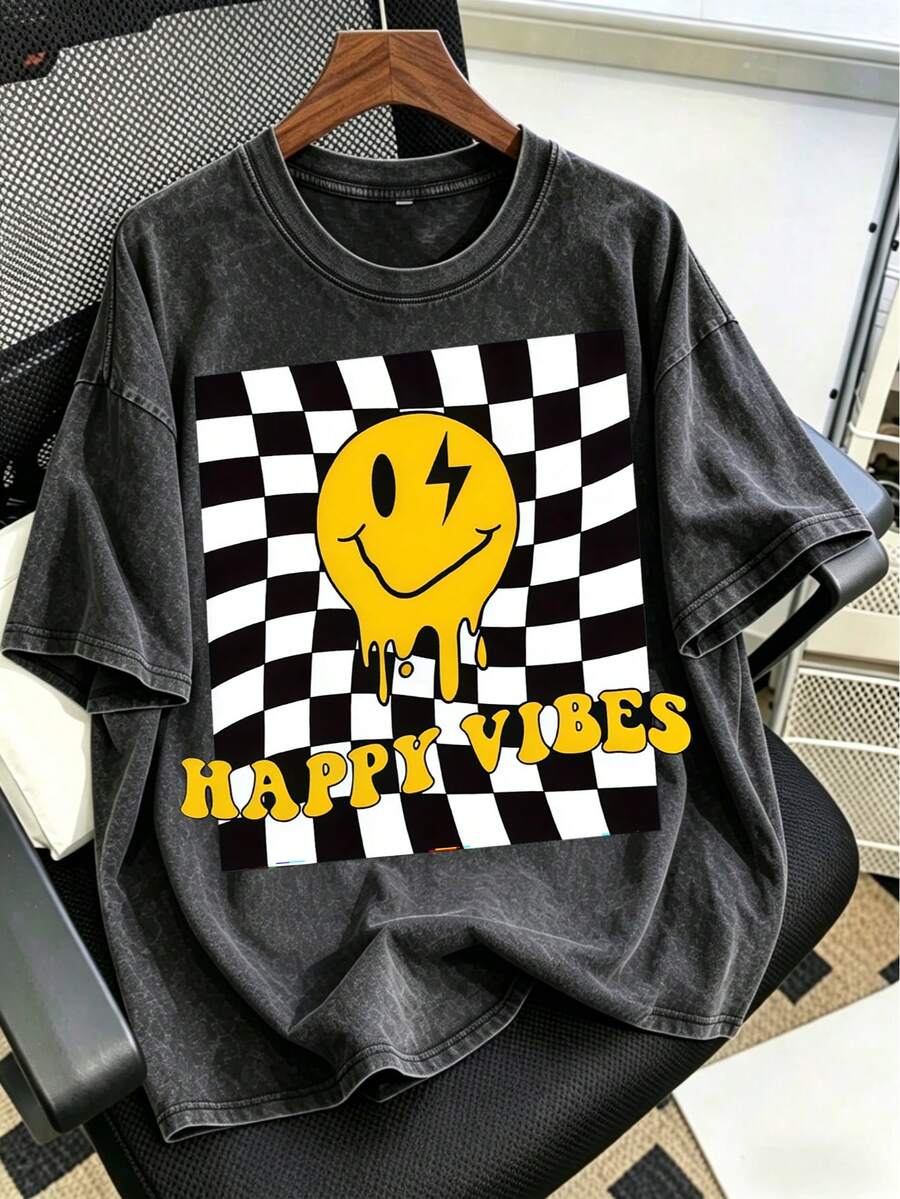 Black Vintage Washed Smi Ley Face T-Shirt | Pink Checkered Grid Graphic Tee | 100% Cotton Oversized Streetwear - 黑色03 - 查看 1