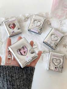 Y2K Silver Mini Photo Album Keychain Cute Heart Hollow 2 Inch Photo Book Keyring Car Keychain Portable Photo Holder Pendant Bag Charm Gifts - Multicolor - View 4
