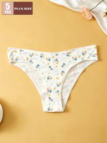 5pcs Plus Size Women's Cute Floral Print Underwear Set, Includes Floral Print Panties And Bralettes In Feminine Style - Multicolor - View 3