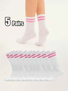 30/20/10/5 Pairs Women's Striped White Soft Comfortable Mid-Calf Socks, Suitable For Daily, Outdoor Leisure Sports, Loafers, Sneakers, All Seasons - Multicolor - View 5