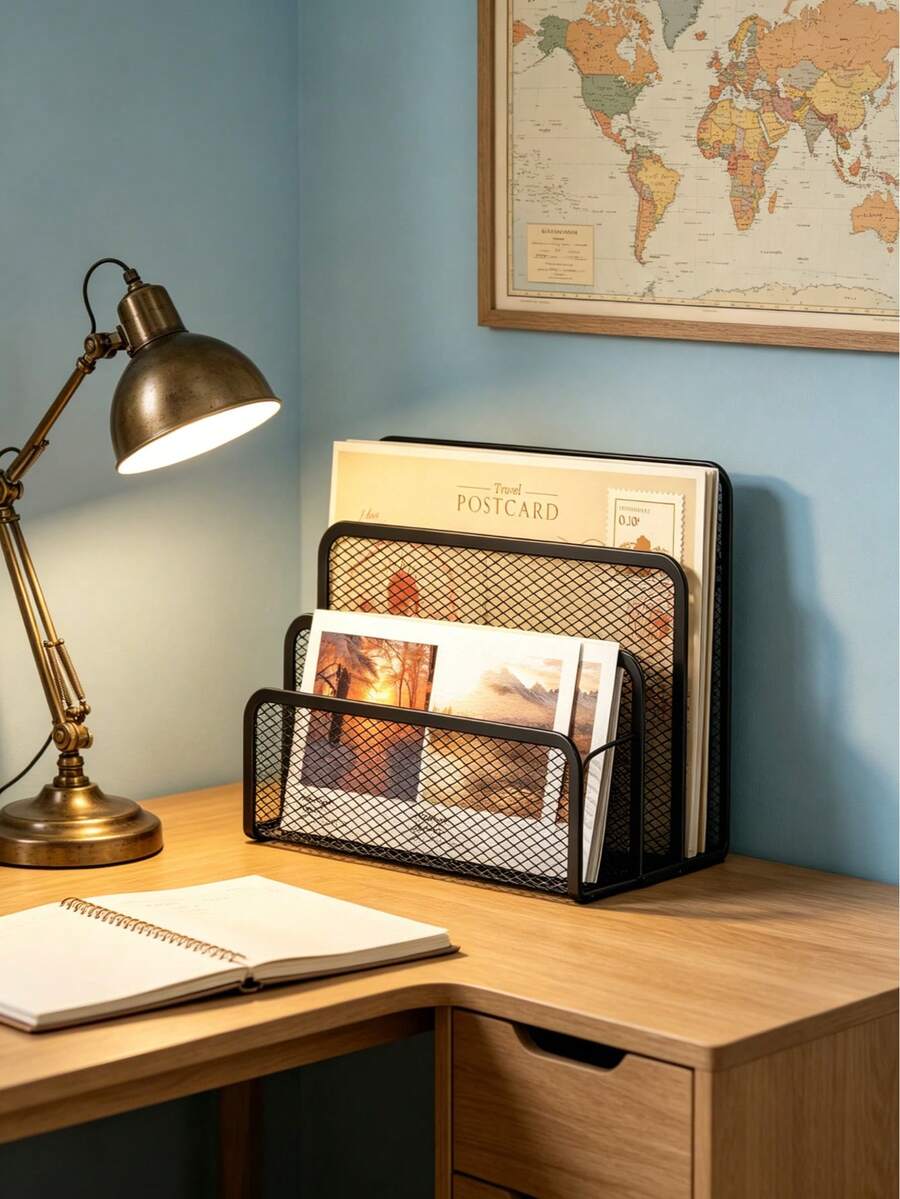 1pc Black Metal Mesh Desktop Letter Organizer, Small File Folder Organizer, With 3 Vertical Compartments Bookstand, Suitable For Classroom And Office Document Organization - Black - View 1
