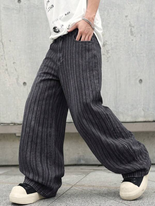1Pc Men's Retro Striped Loose Wide Leg Jacquard Jeans Casual Baggy Denim Pants