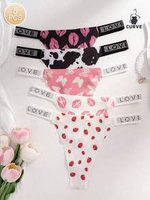 5pcs/Set Comfortable Skin-Friendly LOVE Letter Rhinestone Decor Sexy Sweet Print Plus Size Seamless Thong Panties For Women - Multicolor - View 7
