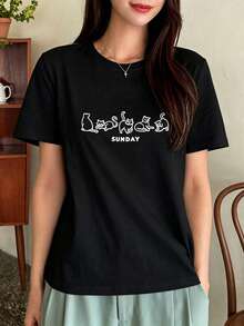 Camiseta con gráfico de dibujos animados y letras, estilo preppy - Negro - Ver 4