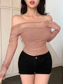 Blusa elástica de malla transparente con hombros descubiertos, para primavera/verano - Rosa - Ver 5