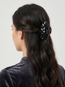 1pc Black/Silver Tone Cubic Zirconia Leaf Hair Clip, Sparkling Rhinestone Barrettes For Party & Evening - Multicolor - View 4
