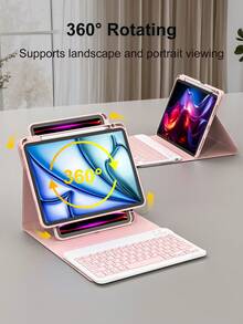 360°旋转键盘保护套，兼容iPad A16（第11/10代）、第9/8/7代（10.2英寸）、iPad Air（10.9/11英寸），采用TPU翻盖PU皮革材质，内置无线蓝牙键盘（150mAh电池）和支架，粉色 - 粉色 - 查看 3