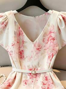 Women's Casual Commuting Shiny Draping Pink Floral Print V-Neck Ruffle Metallic Belt Puff Sleeve Blouse Shirt, Spring/Summer - Red and White - View 2
