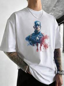 Men's MARVEL Captain America Cotton T-Shirt, Hero Portrait Graphic Tee, Summer Casual Streetwear, Ideal Gift - trắng - Xem 4