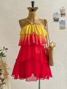 FJDVSoleia Nuevo vestido elegante y romántico para invitados de boda, de unicolor, con espalda descubierta, multicapa con volantes de gasa, minivestido, adecuado para estilo bohemio, boho, flores románticas, vacaciones, fiestas florales, citas, San Valentín, Pascua, carnaval, té de la tarde, playa, crucero, vacaciones en la ciudadFBSB 1SYR - Naranja Quemada - Ver 1