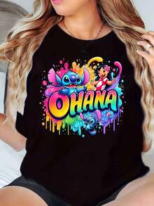 Stitch And Lilo Ohana Rainbow Print Disney Women T Shirt Round Neck Short Sleeve Casual Summer Wear For Everyday And Holiday Soft Comfortable 220g - màu đen - Xem 1